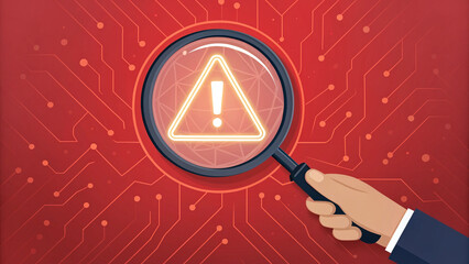 Warning alert system concept. A hand holds a magnifying glass over a glowing exclamation mark warning sign on a bold red background. hacked on computer network, crime and virus, Malicious software
