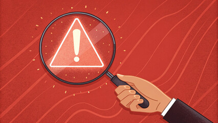 Warning alert system concept. Cartoon hand holds a magnifying glass over a glowing exclamation mark warning sign on a bold red background. hacked on computer network, crime and virus, Malicious softwa
