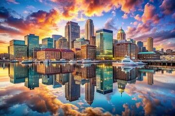 Fototapeta premium Boston Harbor & Financial District Skyline Panorama: Double Exposure