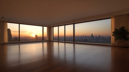 Spacious interior with large windows showcasing a sunset view over a city skyline.