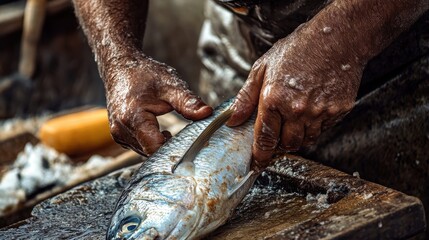 Hands preparing a fish for cooking on a wooden surface