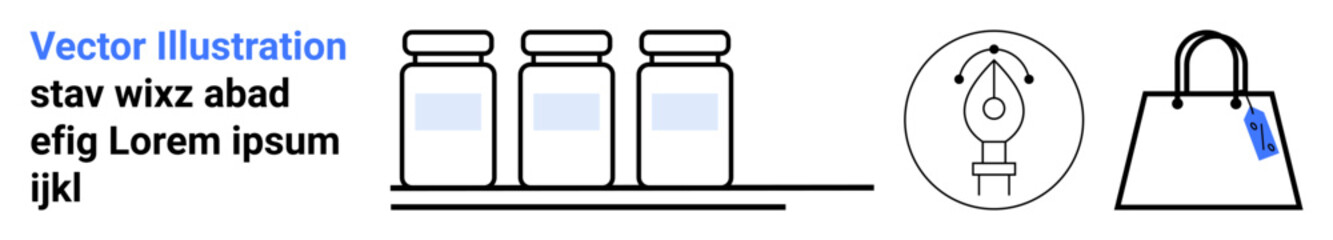 Medicine bottles on a shelf, pen nib symbolizing creativity, shopping bag with tag. Ideal for healthcare, creativity, shopping, e-commerce, product design, branding flat landing page banner