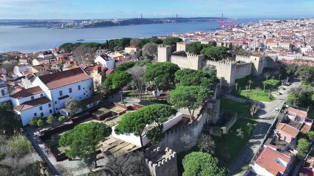 Sao Jorge Castle At Lisbon In Lisbon District Portugal. Medieval Castle Scenery. Ancient Cityscape. Sao Jorge Castle At Lisbon In Portugal. Historical City Landscape. Portugal Skyline.