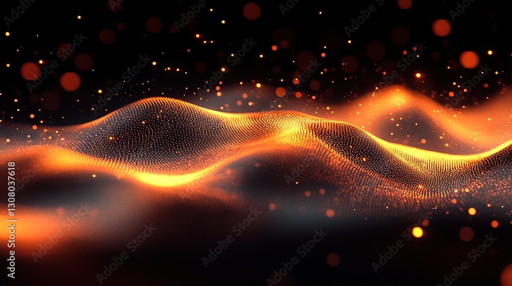 Poster abstract glowing particles wave design with golden bokeh effect