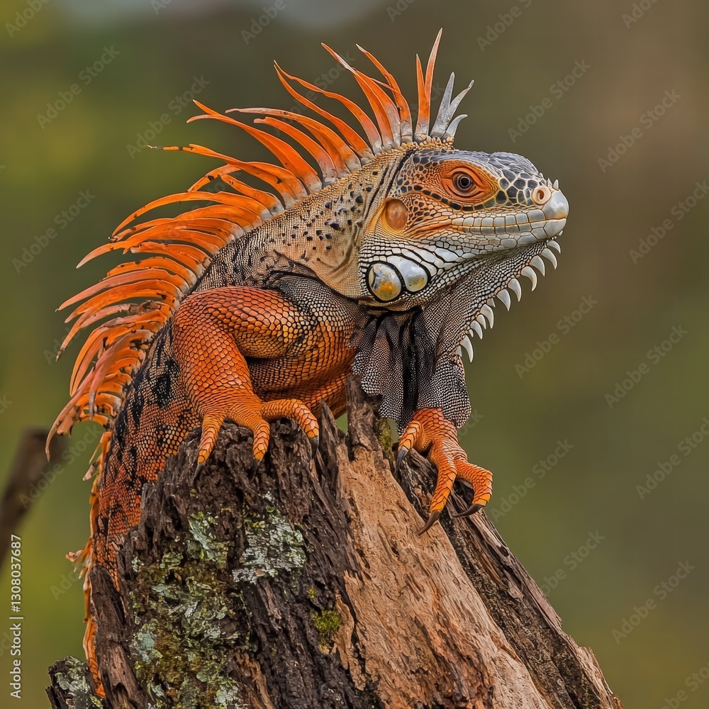 Poster unique lizard with a striking mohawk-like on its head perched on a branch in nature