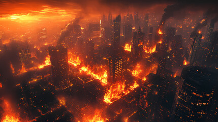 Nighttime city fire, aerial view, destruction, apocalyptic. Apocalyptic - Cityscape. Illustration