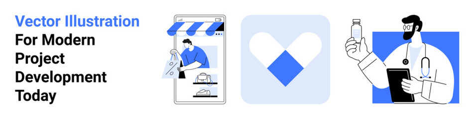 Mobile shopping interface, doctor holding a medicine bottle, and heart symbol. Ideal for e-commerce, telemedicine, technology, healthcare, user experience, innovation themes flat landing page banner