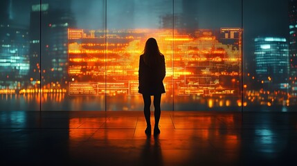 Silhouette of a woman gazing at a futuristic cityscape displayed on an interactive screen, showcasing a blend of technology and urban life. Money concept theme background. Observing Digital Display