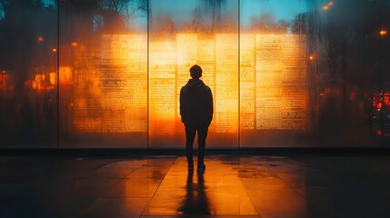 A lone figure stands before a large illuminated wall at night, creating a mysterious and contemplative atmosphere. Money concept theme background. Silhouette of a Person Contemplating Illuminated Wall