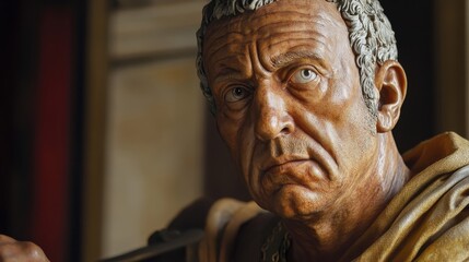 A statue depicting a stern looking man in traditional attire