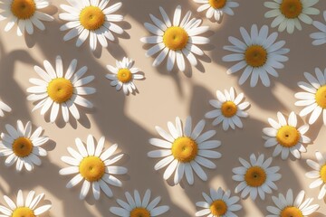 Fototapeta premium Charming Chamomile Daisy Flower Design with Sunlight Shadows on Soft Beige Background