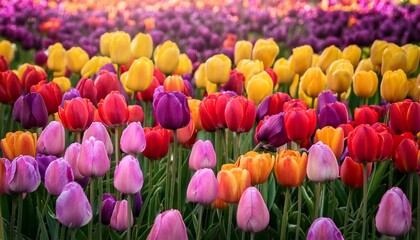 field of bright tulips in pink yellow orange purple and red as a vibrant nature background