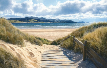 Scenic wooden path leading to a sandy beach with dunes and distant mountains
