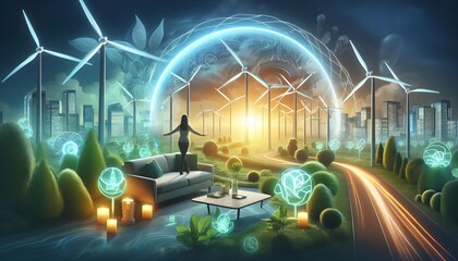 Clean energy themed corporate sustainability report layout with solar wind graphics and professional green aesthetic