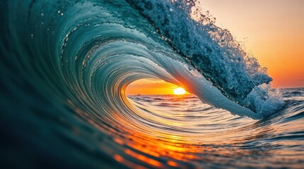 sunset inside a curling ocean wave