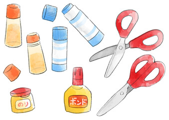 のりとはさみの イラスト　手描き　水彩風