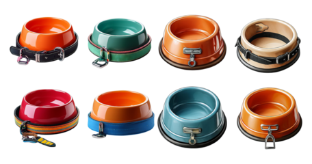 Colorful Pet Bowls and Collars for Dogs and Cats on White Background, isolated on transparent background