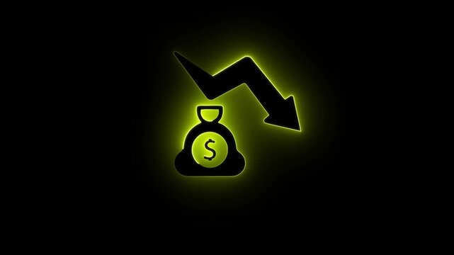Business loss. Cash with down arrow stocks graph, concept of financial crisis, market fall. Cost reduction. Money symbol with down arrow. dollar sign loss direction graph.