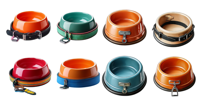 Colorful Pet Bowls and Collars for Dogs and Cats on White Background, isolated on transparent background