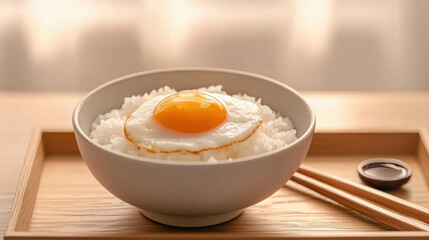 Minimalist Dinner Setup with Steamed Rice and Fried Egg in Modern Bowl on Wooden Tray