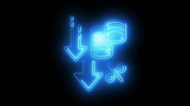 Money loss. Cash with down arrow stocks graph, concept of financial crisis, market fall. Money reduction icon. Glowing neon line Dollar rate decrease icon isolated on black background. 