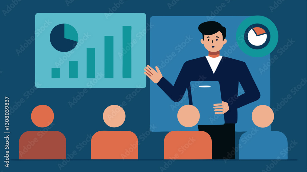 Poster presenting findings an investigator confidently presenting findings to a mock audience using visual 