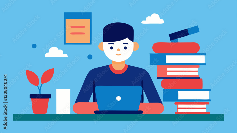 Aufkleber researching content an individual at a desk surrounded by books and articles jotting down notes for 