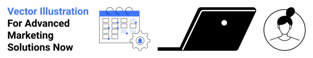 Calendar with gear for task automation, laptop for digital work, client avatar for user outreach. Ideal for productivity, marketing, technology, workflow, business, audience targeting abstract line