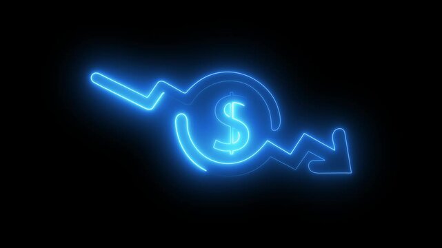 Money loss. Cash with down arrow stocks graph, concept of financial crisis, market fall. Money reduction icon. Glowing neon line Dollar rate decrease icon isolated on black background. 
