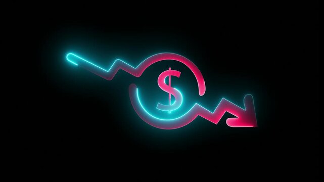 Money loss. Cash with down arrow stocks graph, concept of financial crisis, market fall. Money reduction icon. Glowing neon line Dollar rate decrease icon isolated on black background. 