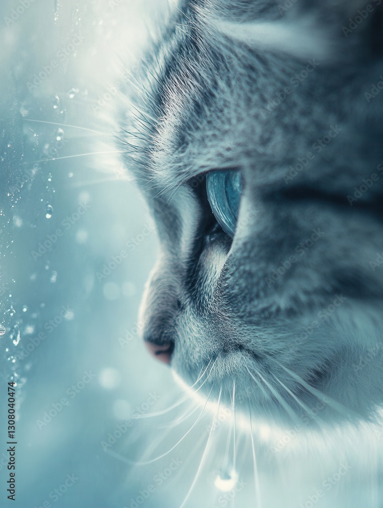 Poster profile view of a cat gazing at raindrops on a window with a blurred, moody background of sadness ge