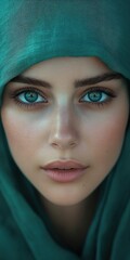 Fototapeta premium Elegant woman wearing a green scarf with a beautiful smile radiating confidence and charm