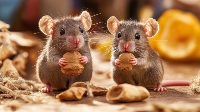 Two adorable mice enjoy a tasty treat together.