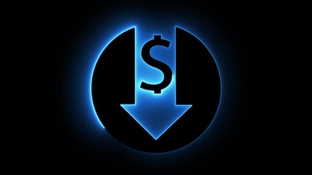 Money loss. Cash with down arrow stocks graph, concept of financial crisis, market fall. Money reduction icon. Glowing neon line Dollar rate decrease icon isolated on black background. 
