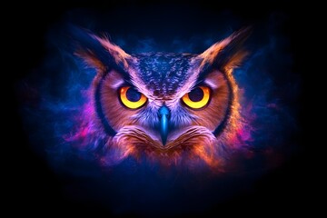 Obraz premium Striking Abstract Owl Visage with Prismatic Double Exposure and Energetic Brushwork