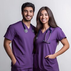 Diverse Healthcare Team Smiling in Purple Scrubs: Promoting Wellness and Unity in Medical Community