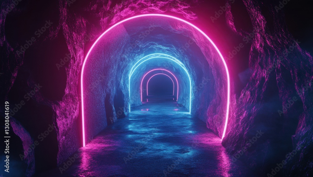 Poster vibrant neon tunnel with glowing arches and reflected light on wet floor in dark cave setting
