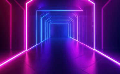 Fototapeta premium Vibrant Neon Tunnel with Glowing Lights, Futuristic Space, Abstract Background, Colorful Illuminations, Modern Design, Artistic Atmosphere
