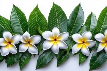 Obraz premium Vibrant White and Yellow Plumeria Flower Arrangement: Tropical Nature Blooming with Exotic Frangipani Leaves - Perfect for Zen Wellness and Spa Backgrounds