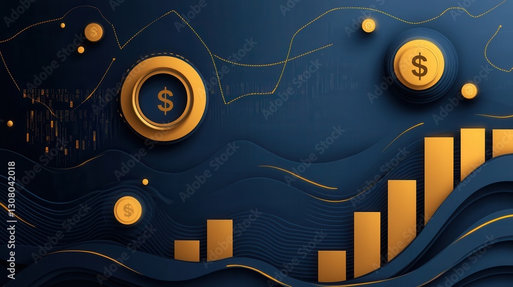 Poster sophisticated paper art design featuring geometric shapes representing financial growth and currency