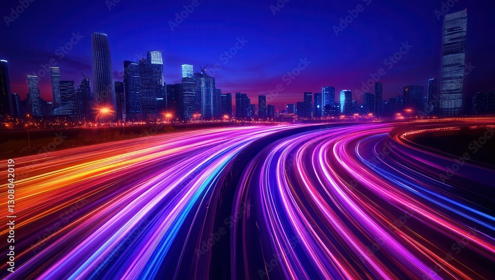 Poster vibrant night cityscape with colorful light trails creating dynamic patterns over an urban skyline a