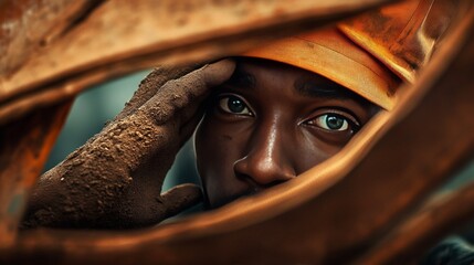 A young Black man peers through rusty metal, his gaze intense.