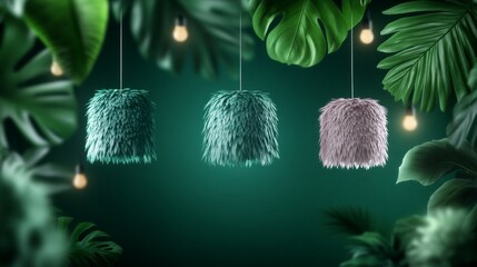 Three fluffy lamps hang amidst lush green foliage, creating a serene and stylish ambiance.