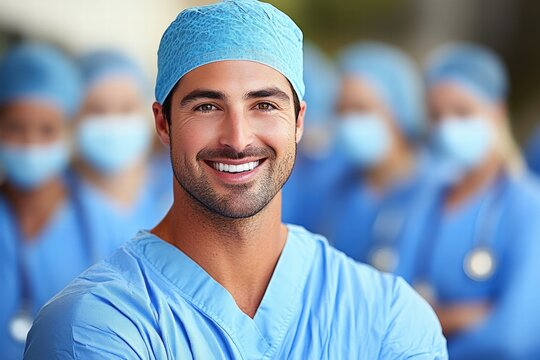 Smiling surgeon in scrubs and surgical gear radiating positivity in a medical environment