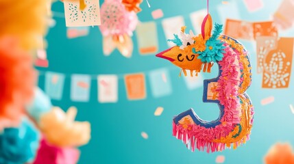 Fototapeta premium Colorful Number Three pinata, Festive Decor