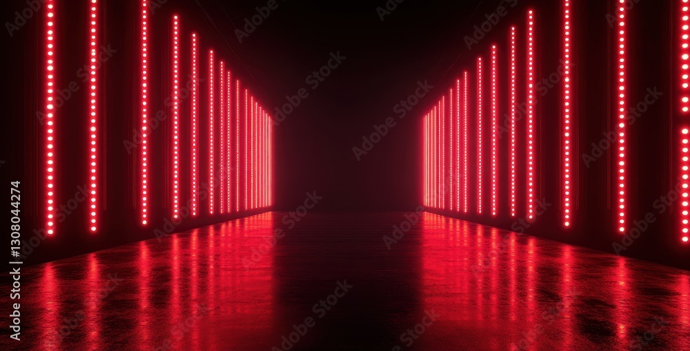 Poster vibrant red led lights illuminate dark corridor creating futuristic atmosphere with reflections on f