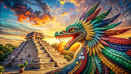 Fototapeta premium Candid Photo: Feathered Serpent Mosaic Above Pyramid - Ancient Art