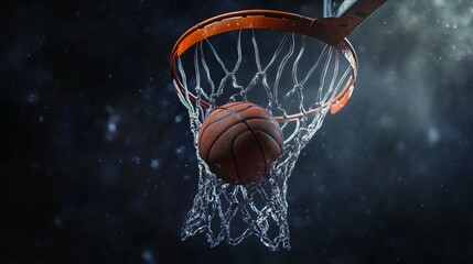 Basketball falling through hoop in action