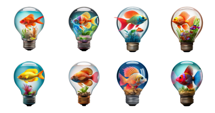 Colorful Fish in Light Bulb Aquariums for Creative Illustrations, PNG bundle collection, Isolated on Transparent Background