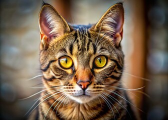 Naklejka premium Captivating Tabby Cat with Striking Amber Eyes - Candid Photo